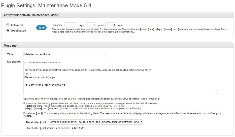 Maintenance Mode Plugin instellingen