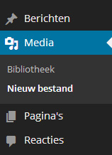 Het is mogelijk om Media op verschillende manieren toe te voegen. Je kunt media toevoegen terwijl je een bericht of pagina aan het maken ben of van te voren het bestand uploaden naar de server. Als je de bestanden van tevoren upload naar de server zijn ze in eerste instantie dus niet gekoppeld aan een pagina of bericht. Je voegt een nieuw media bestand toe door in het navigatiemenu naar het onderdeel ‘Media’ te gaan en vervolgens op ‘Nieuw bestand’ te klikken (zie afbeelding rechts).