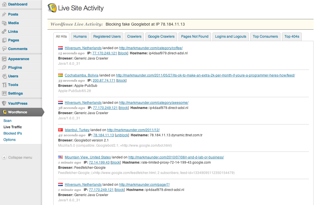 Live site activity wordfence plugin voor wordpress beveiliging