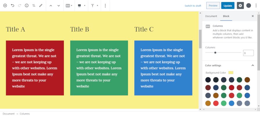 gutenberg 7.4 - achtergrondkleuren columns block