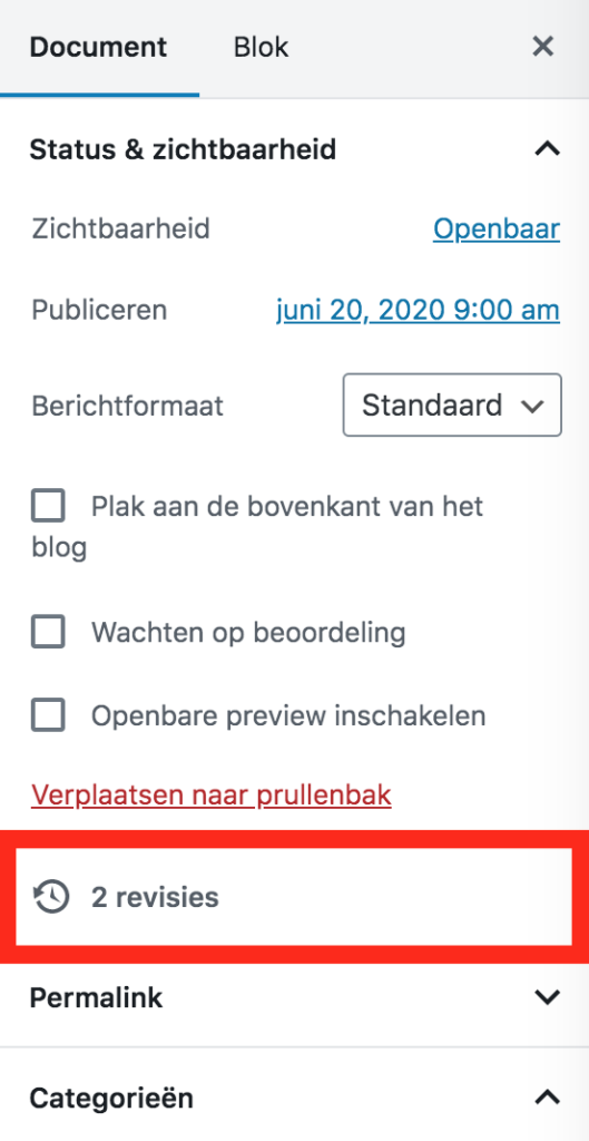 WordPress revisies in de Gutenberg editor