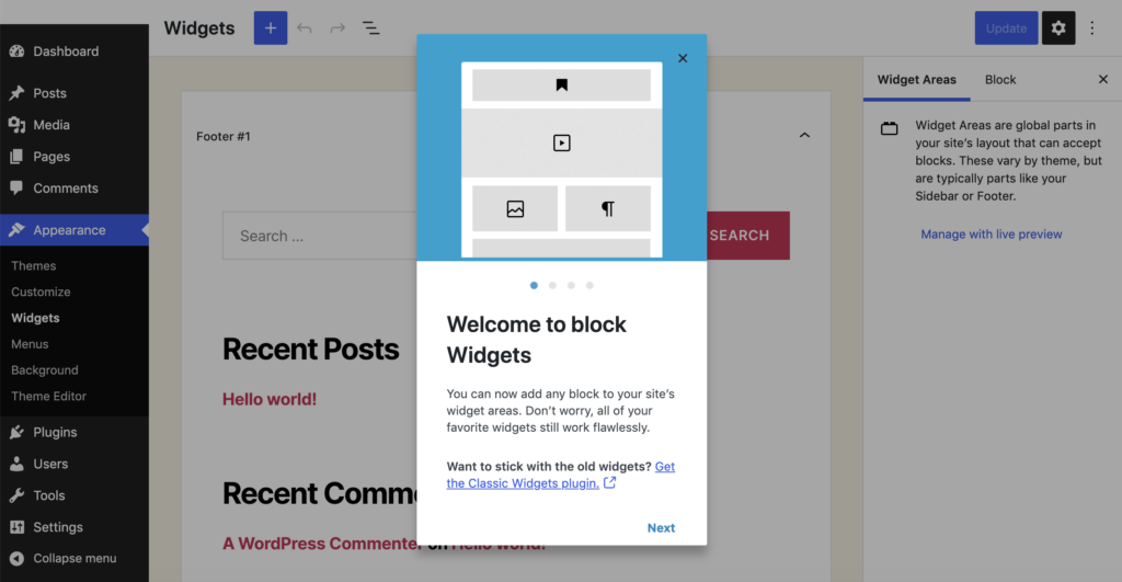 nieuwe widgets venster in WordPress 5.8